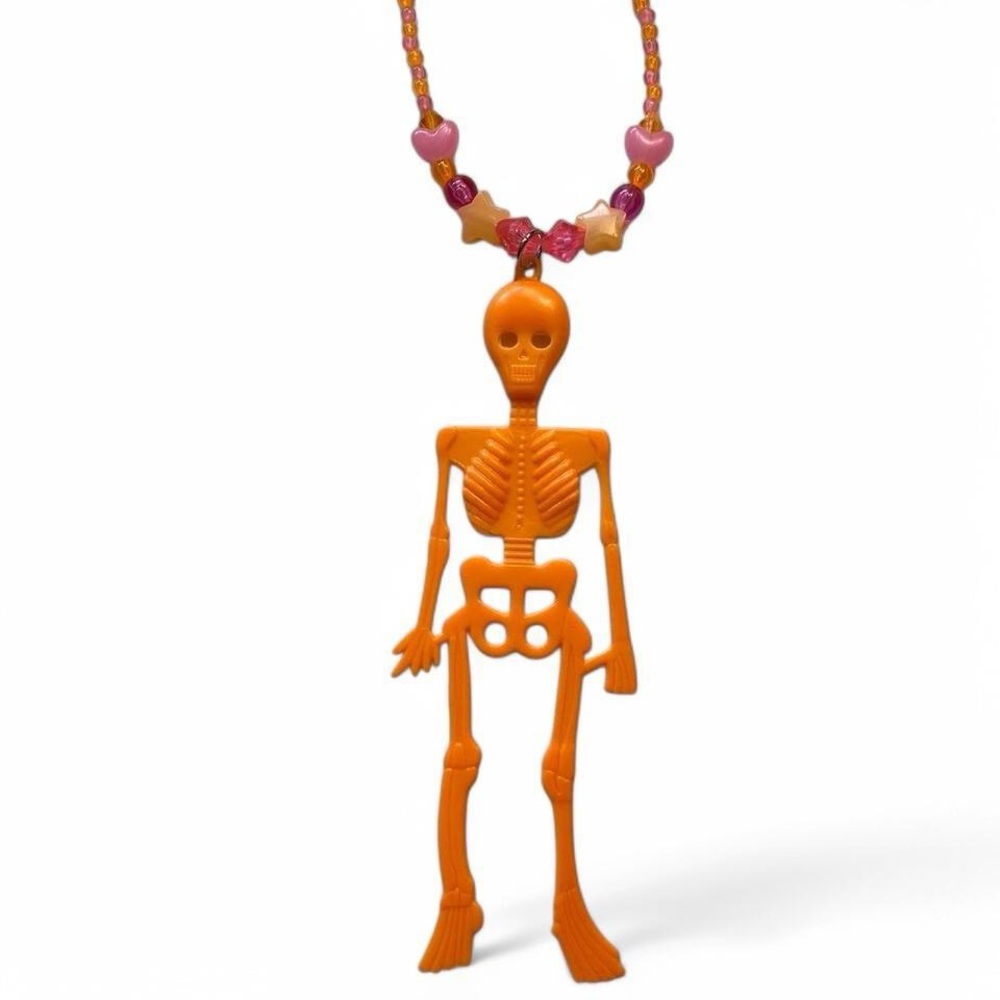 Orange Skeleton Necklace with Beaded Chain